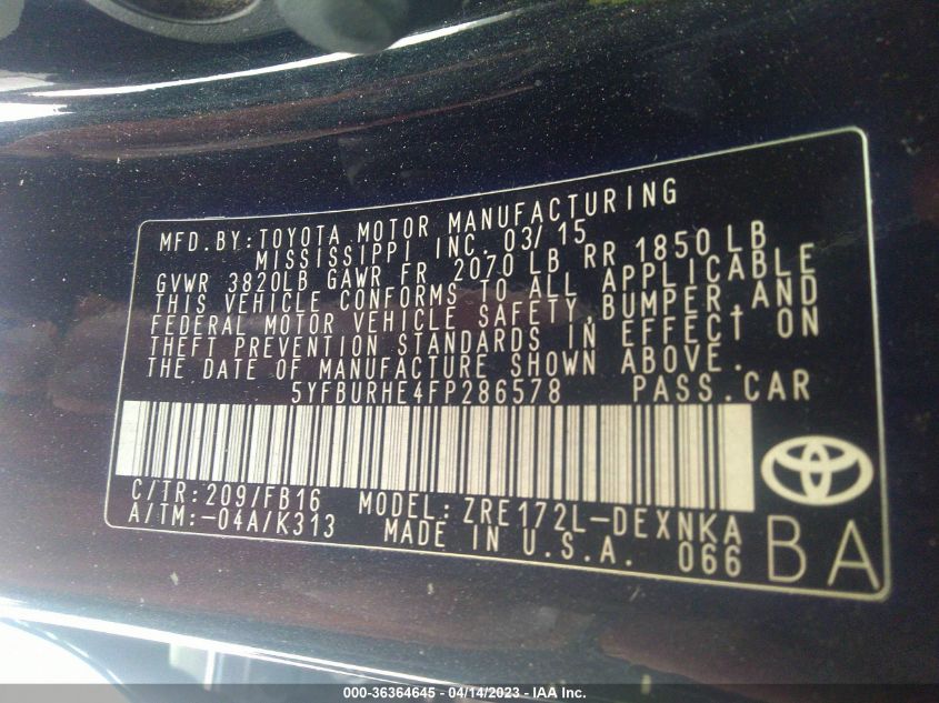 2015 TOYOTA COROLLA L/LE/S/S PLUS/LE PLUS - 5YFBURHE4FP286578