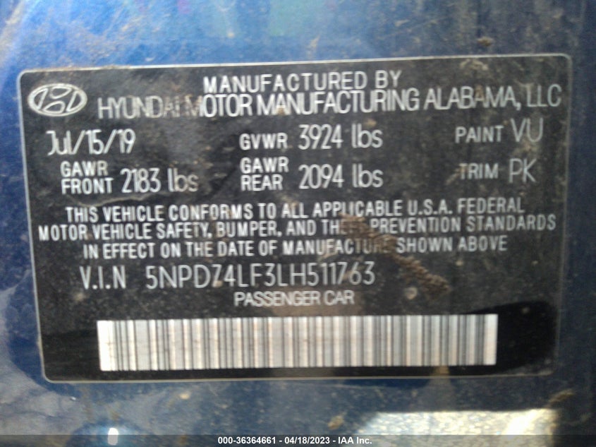 VIN 5NPD74LF3LH511763 2020 HYUNDAI ELANTRA SE