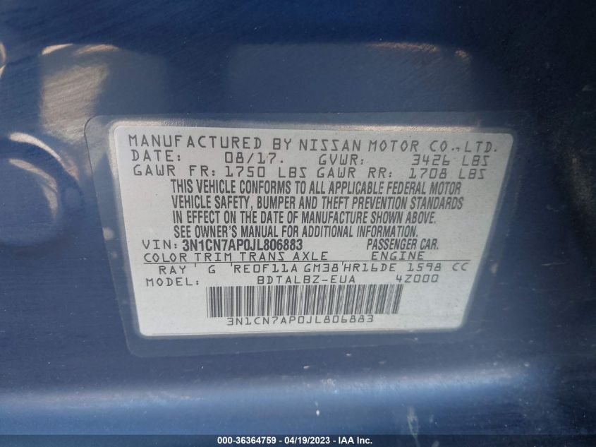 2018 NISSAN VERSA SEDAN SV - 3N1CN7AP0JL806883