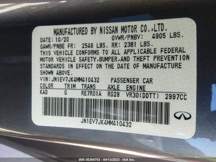 2021 INFINITI Q60 3.0T PURE JN1EV7JK4MM410432