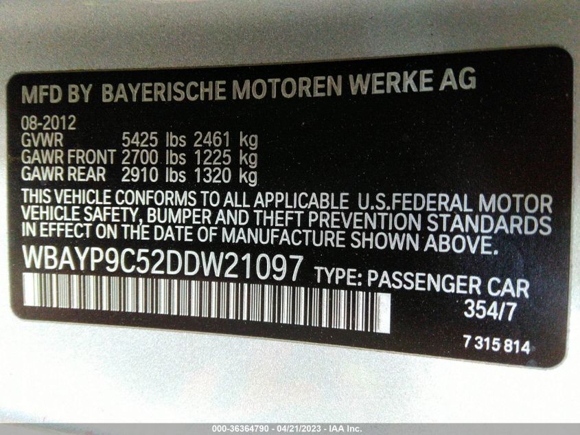2013 BMW 650I WBAYP9C52DDW21097