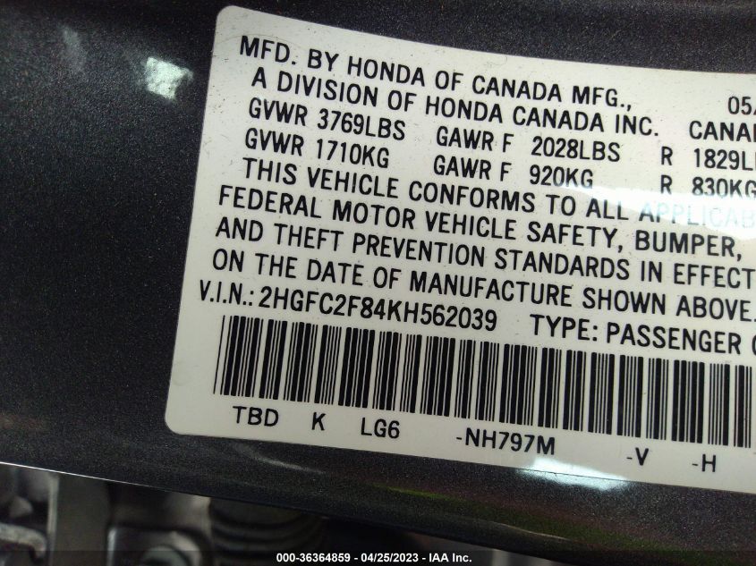 2019 HONDA CIVIC SEDAN SPORT - 2HGFC2F84KH562039