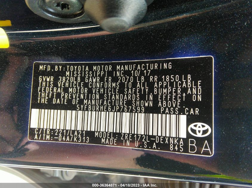 2018 TOYOTA COROLLA L/LE/XLE/SE/XSE - 5YFBURHE6JP767599