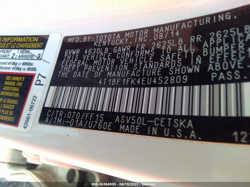 2014 TOYOTA CAMRY L/LE/XLE/SE/SE SPORT - 4T1BF1FK4EU452809