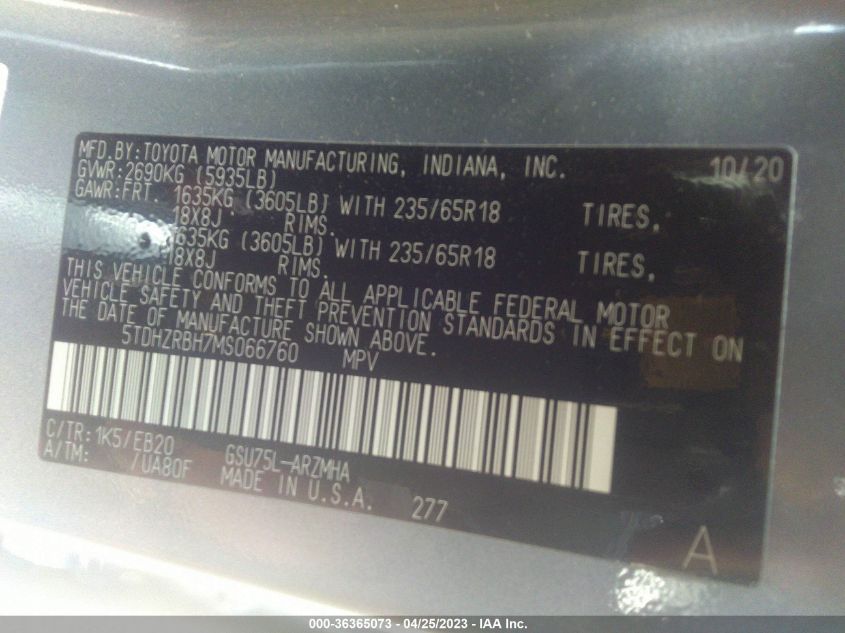 2021 TOYOTA HIGHLANDER XLE - 5TDHZRBH7MS066760