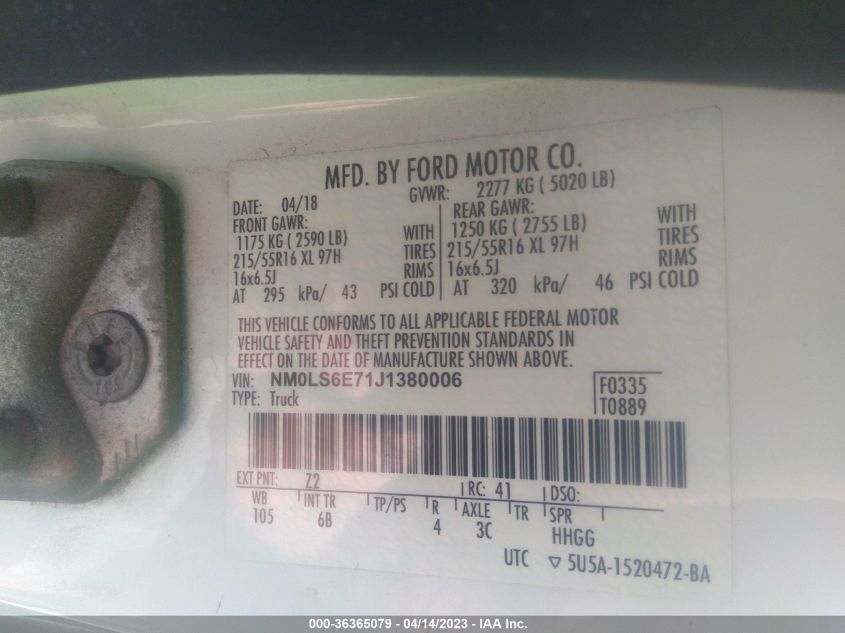 2018 FORD TRANSIT CONNECT VAN XL NM0LS6E71J1380006