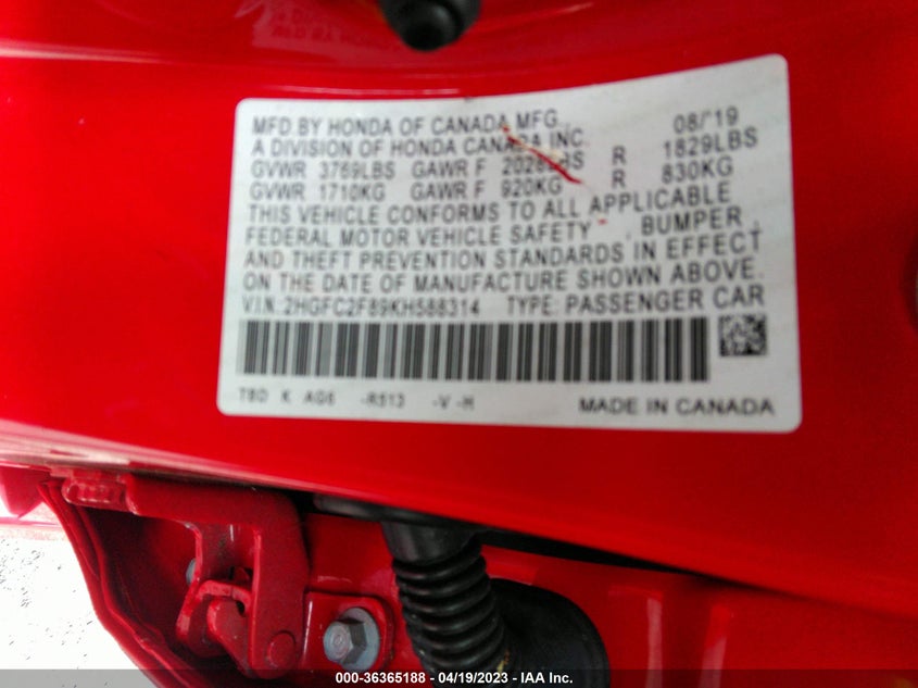 VIN 2HGFC2F89KH588314 2019 HONDA CIVIC SEDAN SPORT