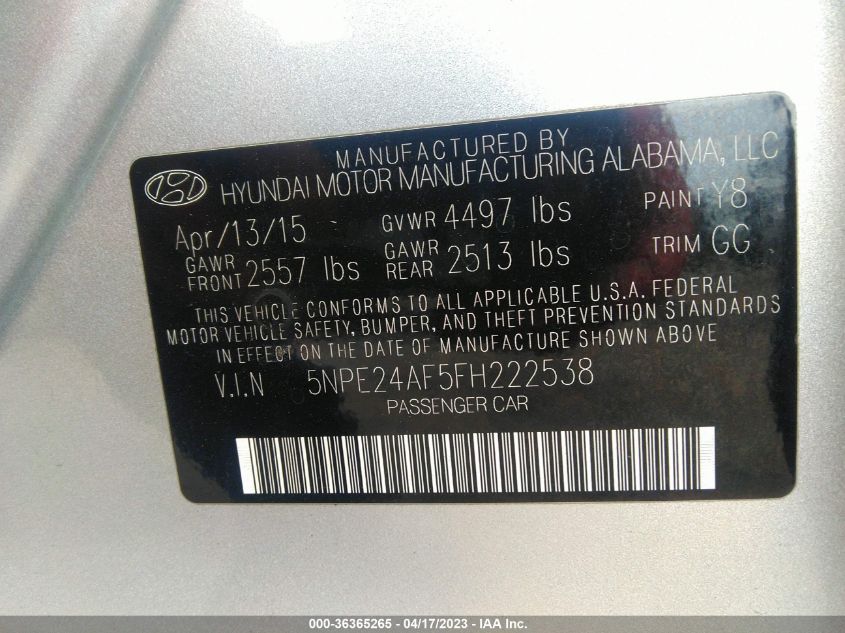 2015 HYUNDAI SONATA 2.4L SE - 5NPE24AF5FH222538