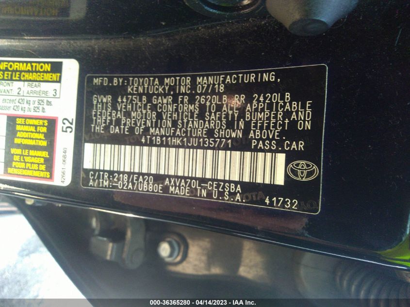 2018 TOYOTA CAMRY LE/SE/XLE/L - 4T1B11HK1JU135771