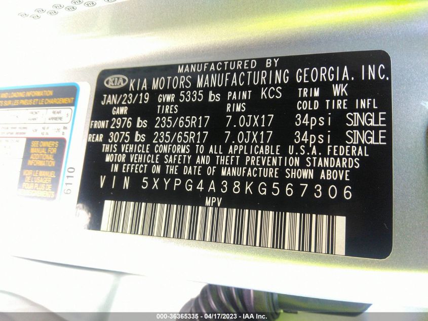 2019 KIA SORENTO L - 5XYPG4A38KG567306