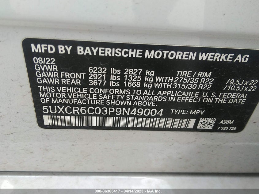 VIN 5UXCR6C03P9N49004 2023 BMW X5 XDRIVE40I