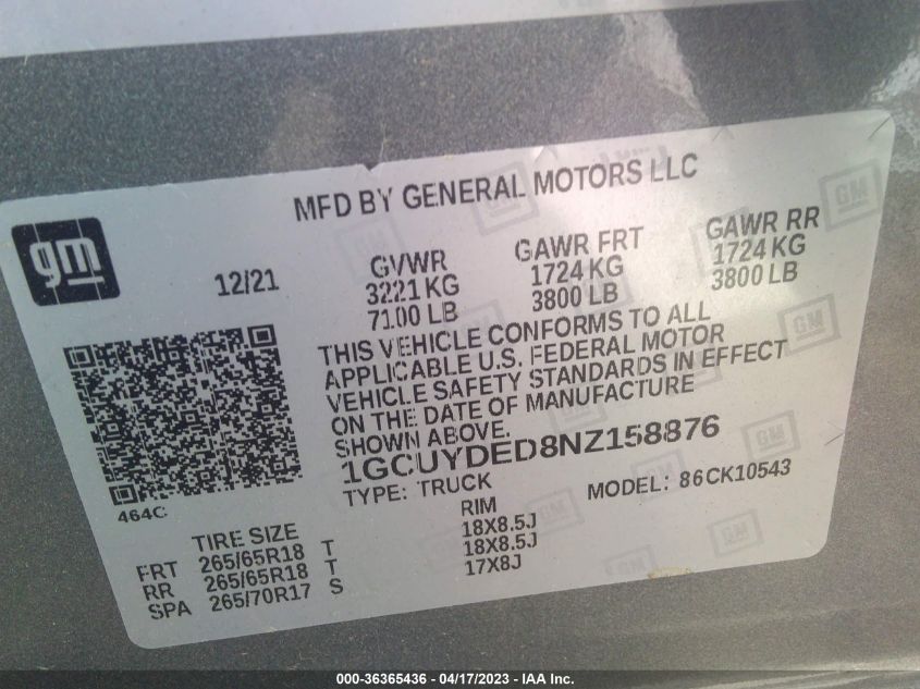 2022 CHEVROLET SILVERADO 1500 LTD LT 1GCUYDED8NZ158876