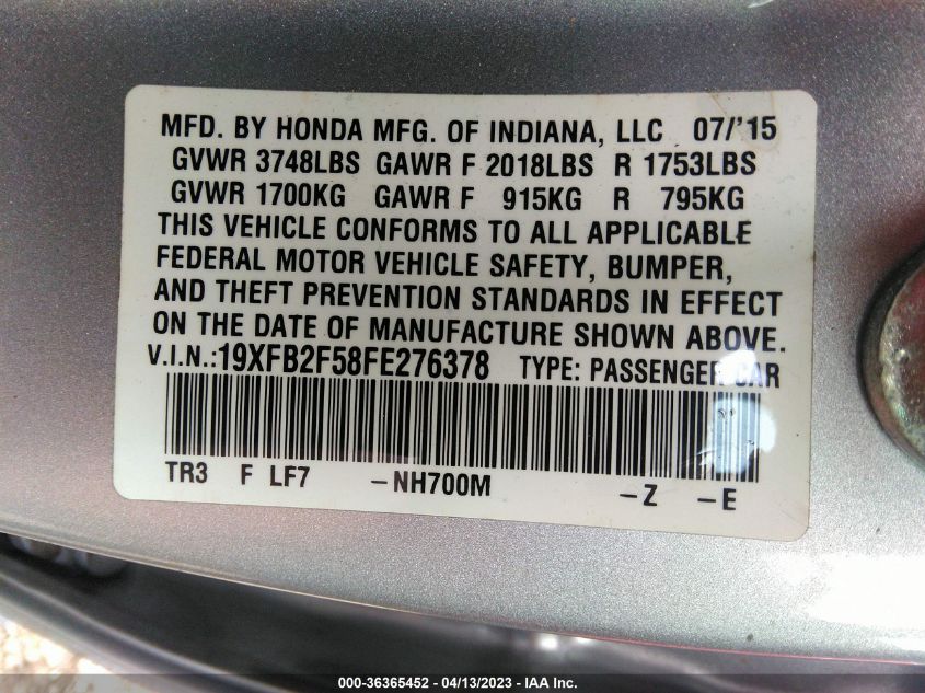 2015 HONDA CIVIC SEDAN LX - 19XFB2F58FE276378