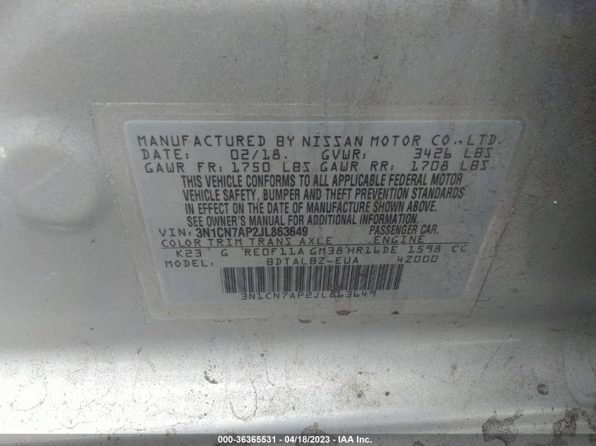 2018 NISSAN VERSA SEDAN SV - 3N1CN7AP2JL863649