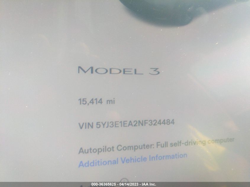 2022 TESLA MODEL 3 - 5YJ3E1EA2NF324484