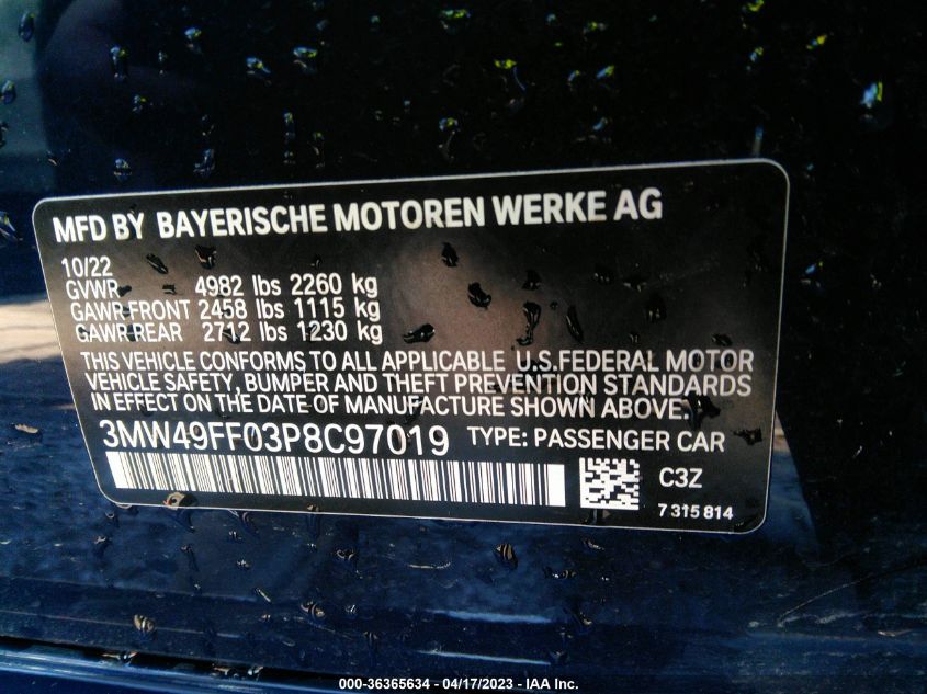 2023 BMW 3 SERIES M340I XDRIVE - 3MW49FF03P8C97019