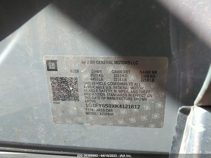 2019 CHEVROLET BOLT EV LT - 1G1FY6S0XK4121612