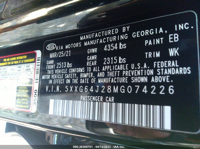 2021 KIA K5 GT-LINE - 5XXG64J28MG074226