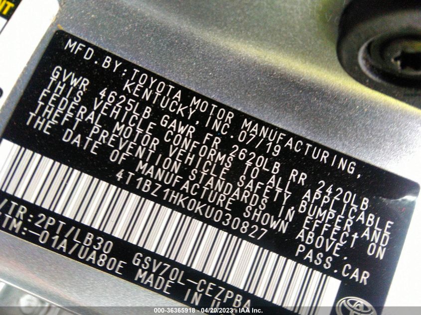 2019 TOYOTA CAMRY V6 - 4T1BZ1HK0KU030827