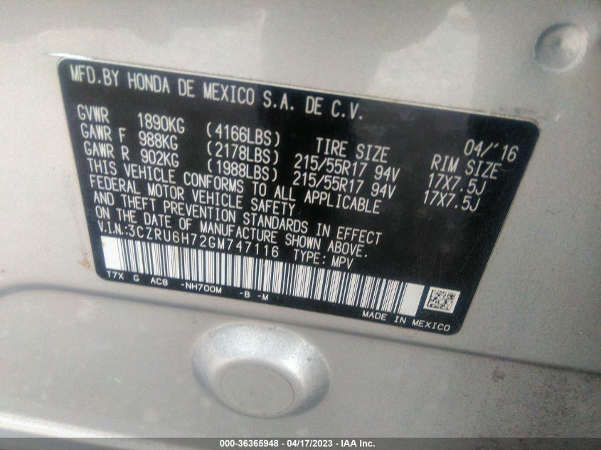 2016 HONDA HR-V EX-L W/NAVI - 3CZRU6H72GM747116
