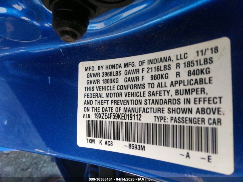 2019 HONDA INSIGHT EX 19XZE4F59KE019112