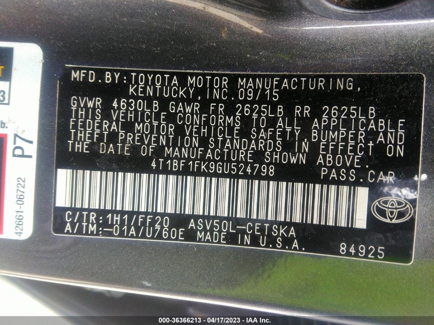 2016 TOYOTA CAMRY XLE/SE/LE/XSE - 4T1BF1FK9GU524798