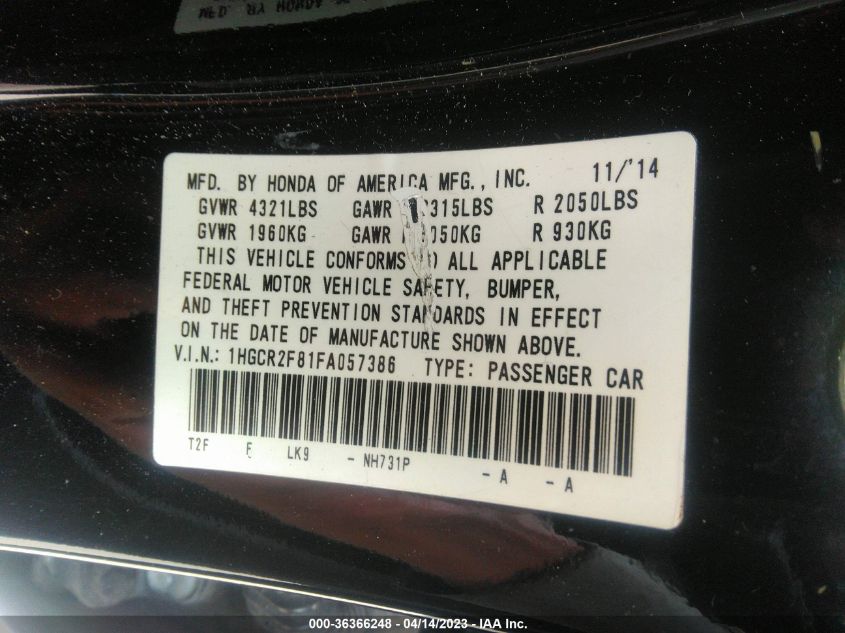 2015 HONDA ACCORD SEDAN EX-L - 1HGCR2F81FA057386