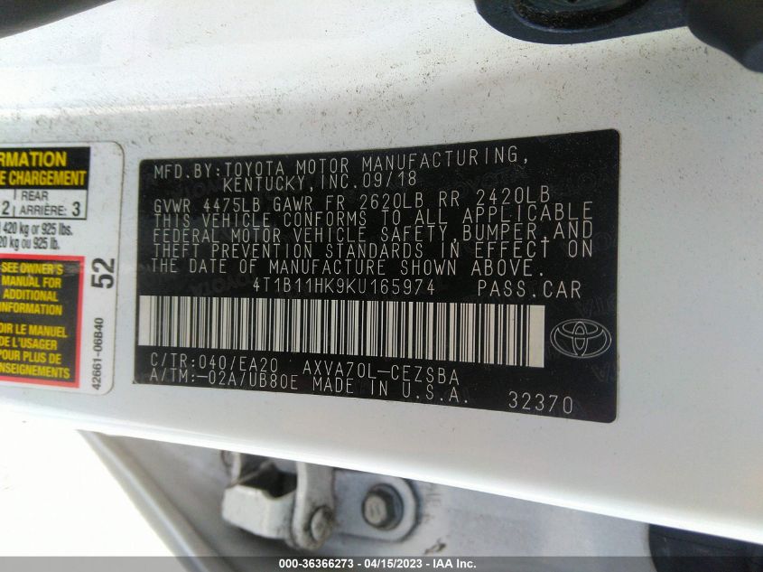 2019 TOYOTA CAMRY LE/SE/XLE/L - 4T1B11HK9KU165974