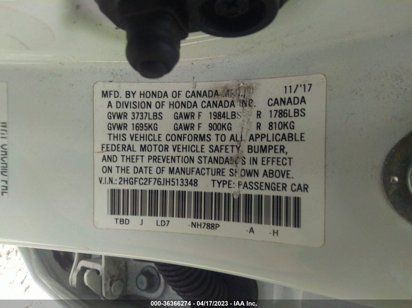 VIN 2HGFC2F76JH513348 2018 HONDA CIVIC SEDAN EX