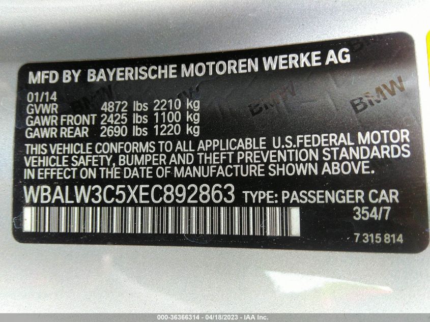 2014 BMW 6 SERIES 640I - WBALW3C5XEC892863