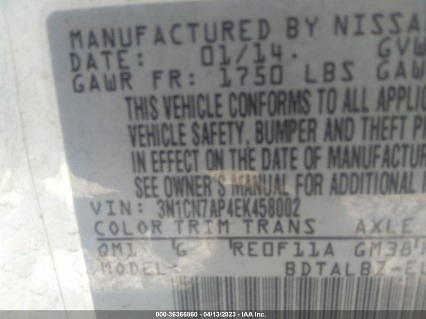 2014 NISSAN VERSA SV - 3N1CN7AP4EK458002