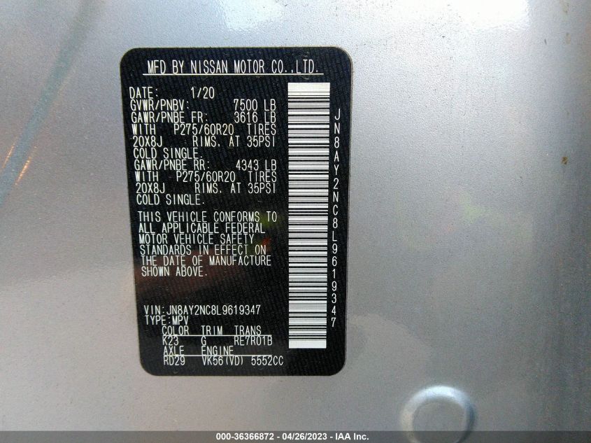 2020 NISSAN ARMADA SL - JN8AY2NC8L9619347