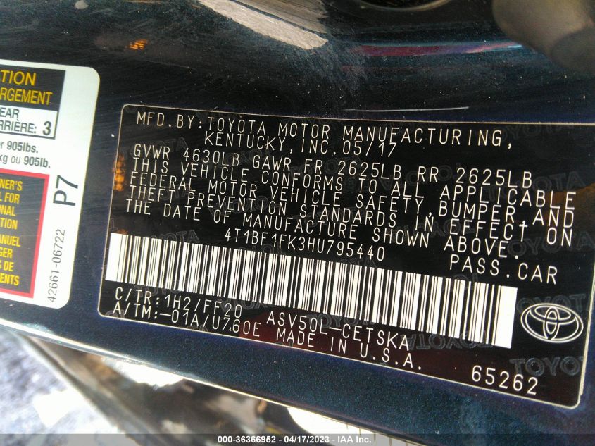 2017 TOYOTA CAMRY XLE/SE/LE/XSE - 4T1BF1FK3HU795440