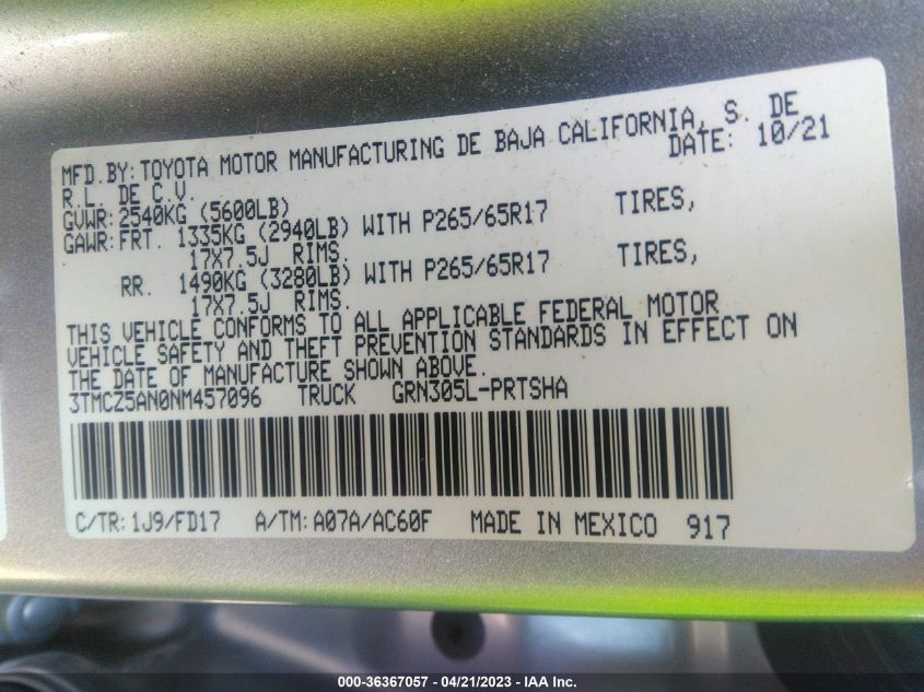 2022 TOYOTA TACOMA 4WD SR/SR5/TRD SPORT - 3TMCZ5AN0NM457096