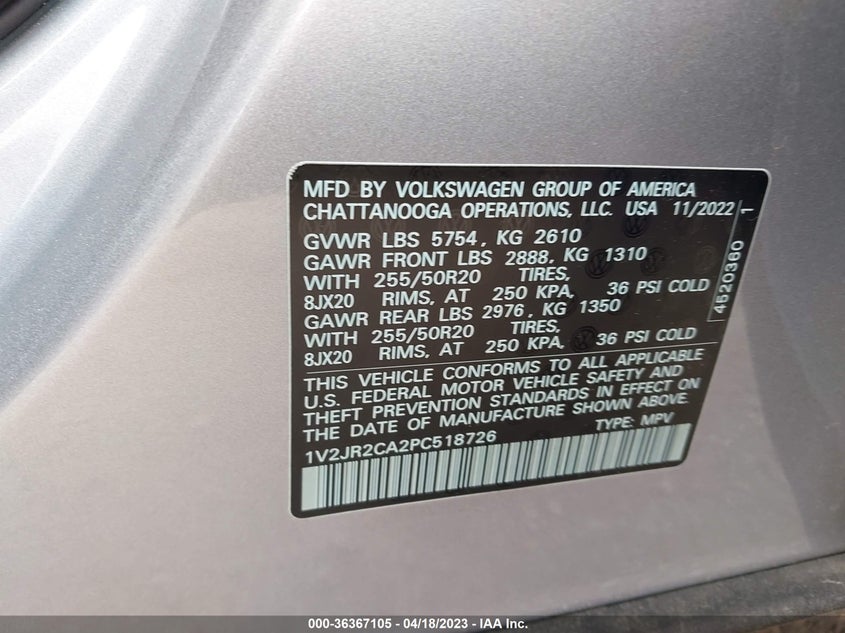 VIN 1V2JR2CA2PC518726 2023 VOLKSWAGEN ATLAS 3.6L V6 SE W/TECHNOLOGY