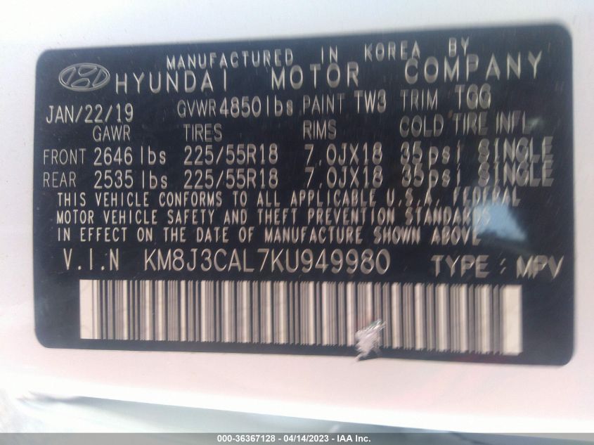 2019 HYUNDAI TUCSON SEL - KM8J3CAL7KU949980