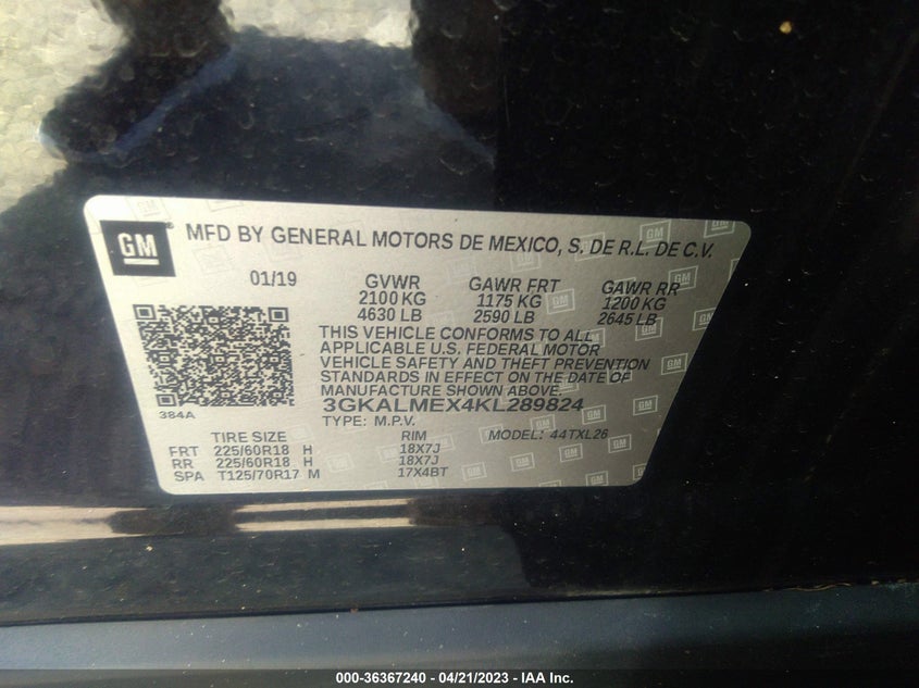 VIN 3GKALMEX4KL289824 2019 GMC TERRAIN SLE
