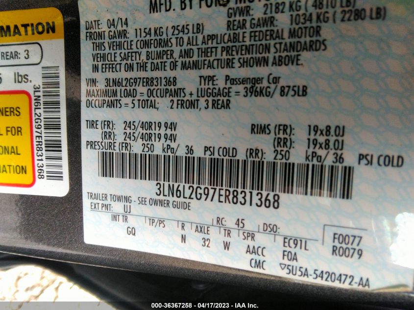 2014 LINCOLN MKZ - 3LN6L2G97ER831368