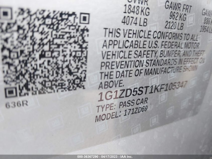2019 CHEVROLET MALIBU LT - 1G1ZD5ST1KF105347