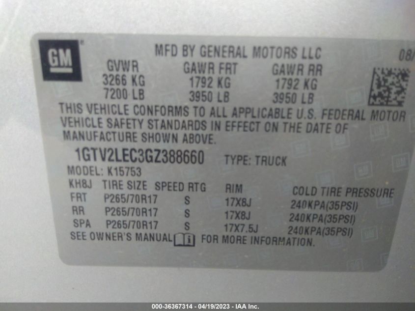 2016 GMC SIERRA 1500 - 1GTV2LEC3GZ388660