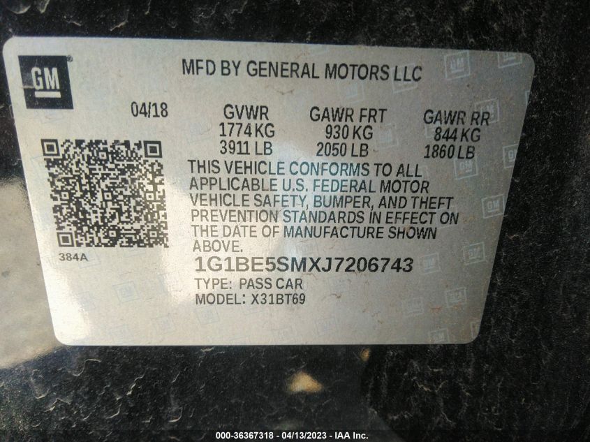 2018 CHEVROLET CRUZE LT - 1G1BE5SMXJ7206743