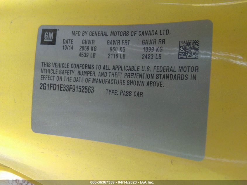 2015 CHEVROLET CAMARO LT - 2G1FD1E33F9152563