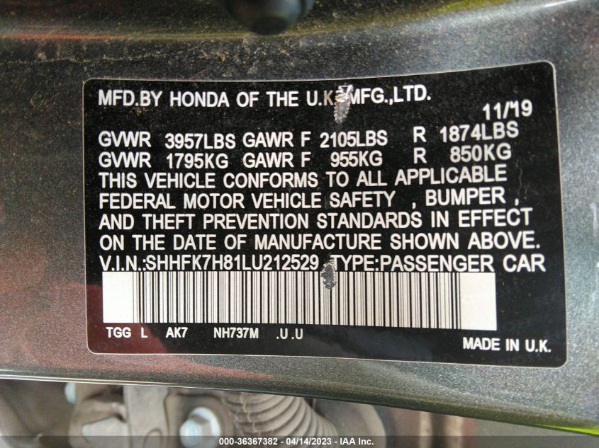 2020 HONDA CIVIC HATCHBACK EX-L - SHHFK7H81LU212529