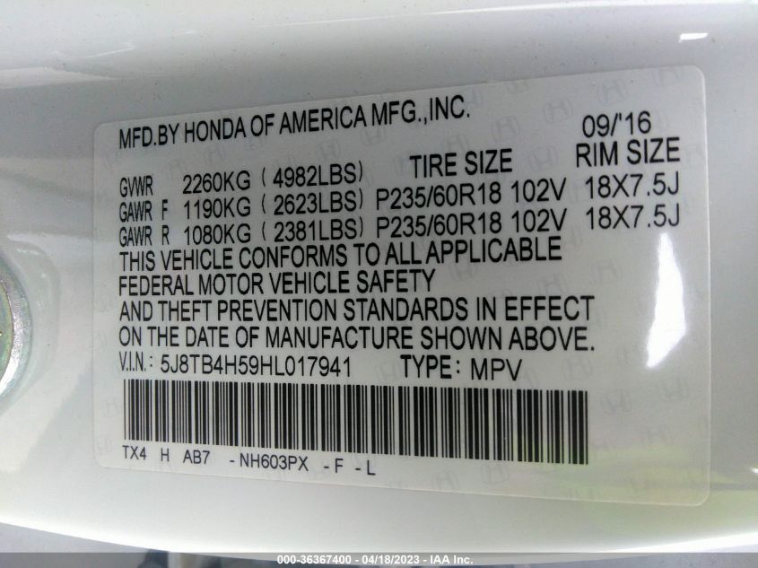 2017 ACURA RDX W/TECHNOLOGY PKG - 5J8TB4H59HL017941