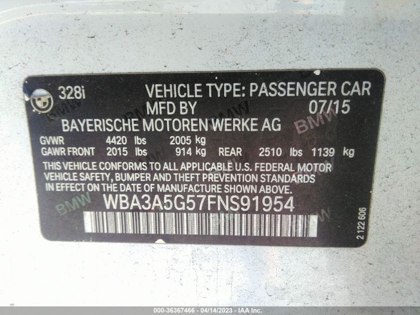 2015 BMW 3 SERIES 328I - WBA3A5G57FNS91954