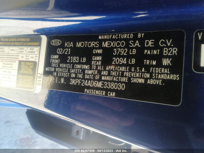 2021 KIA FORTE LXS - 3KPF24AD6ME338030