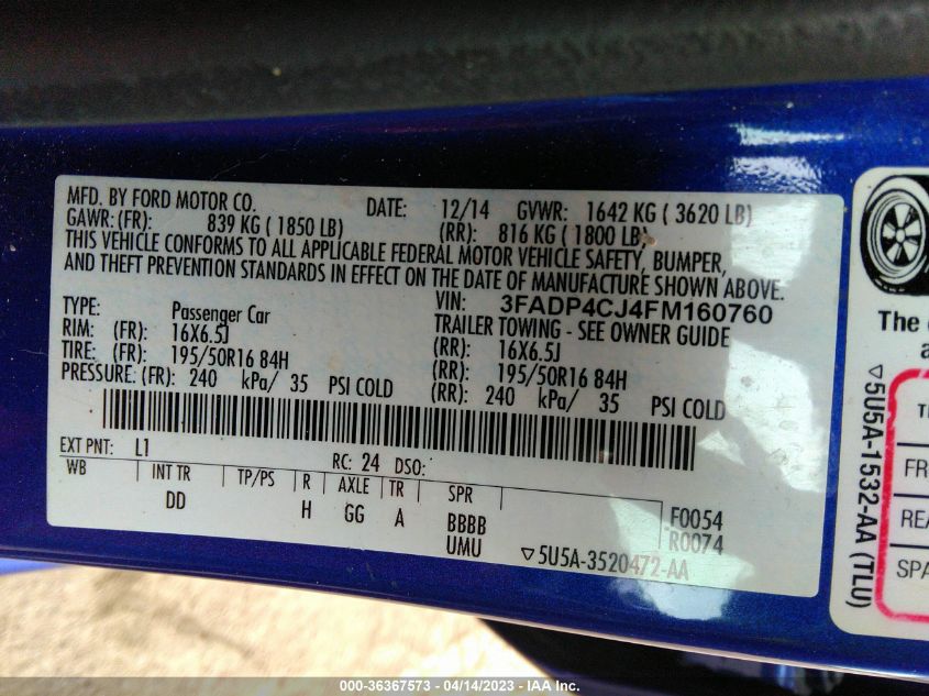 2015 FORD FIESTA TITANIUM - 3FADP4CJ4FM160760