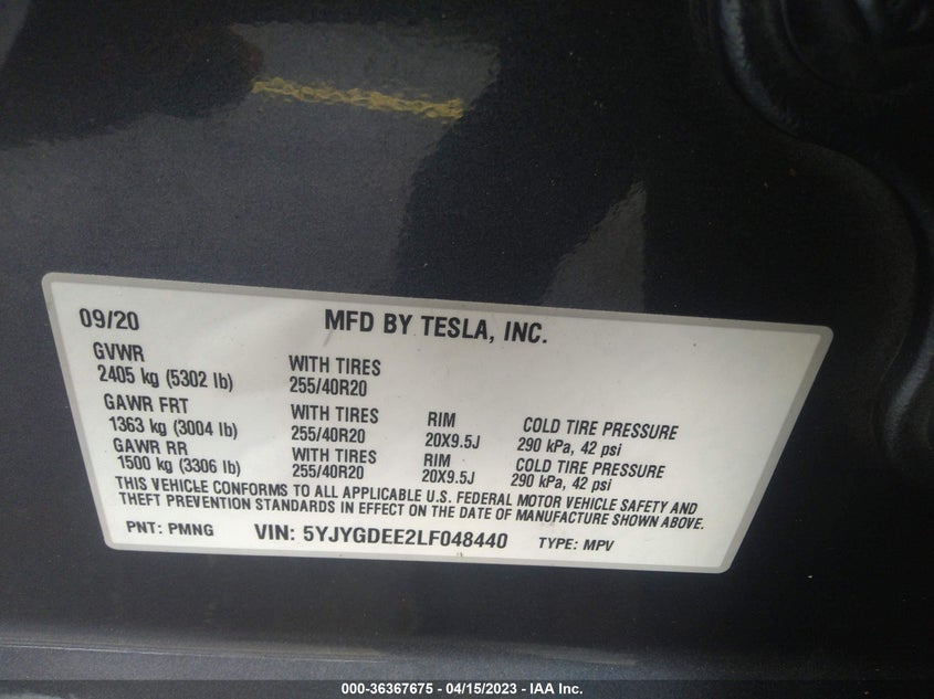 VIN 5YJYGDEE2LF048440 2020 TESLA MODEL Y LONG RANGE