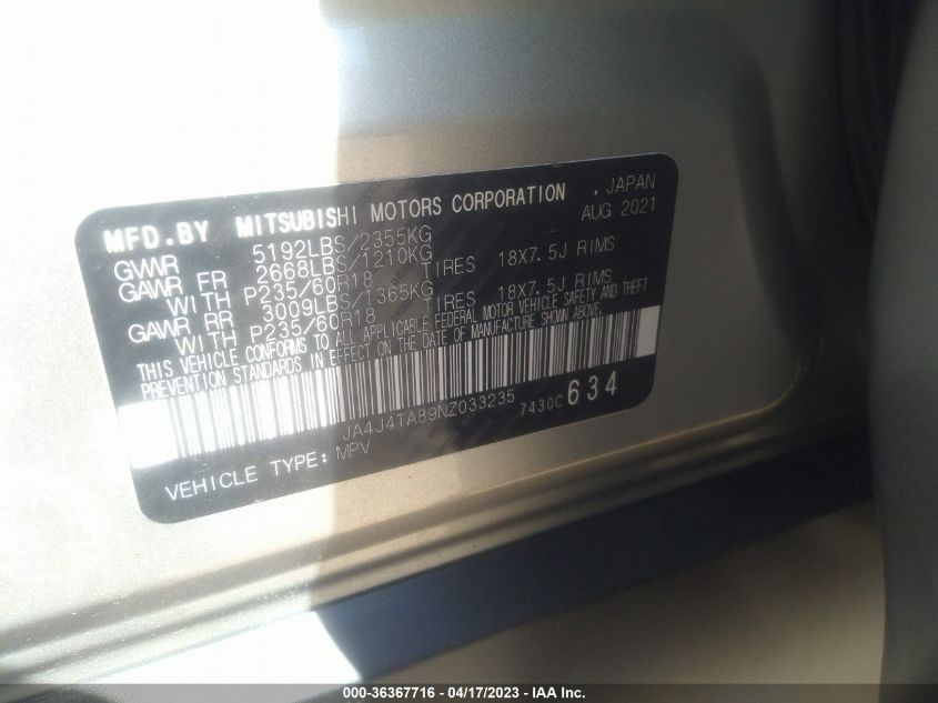 2022 MITSUBISHI OUTLANDER ES - JA4J4TA89NZ033235