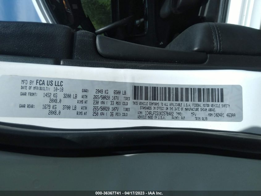 2019 JEEP GRAND CHEROKEE HIGH ALTITUDE - 1C4RJFCG1KC578402